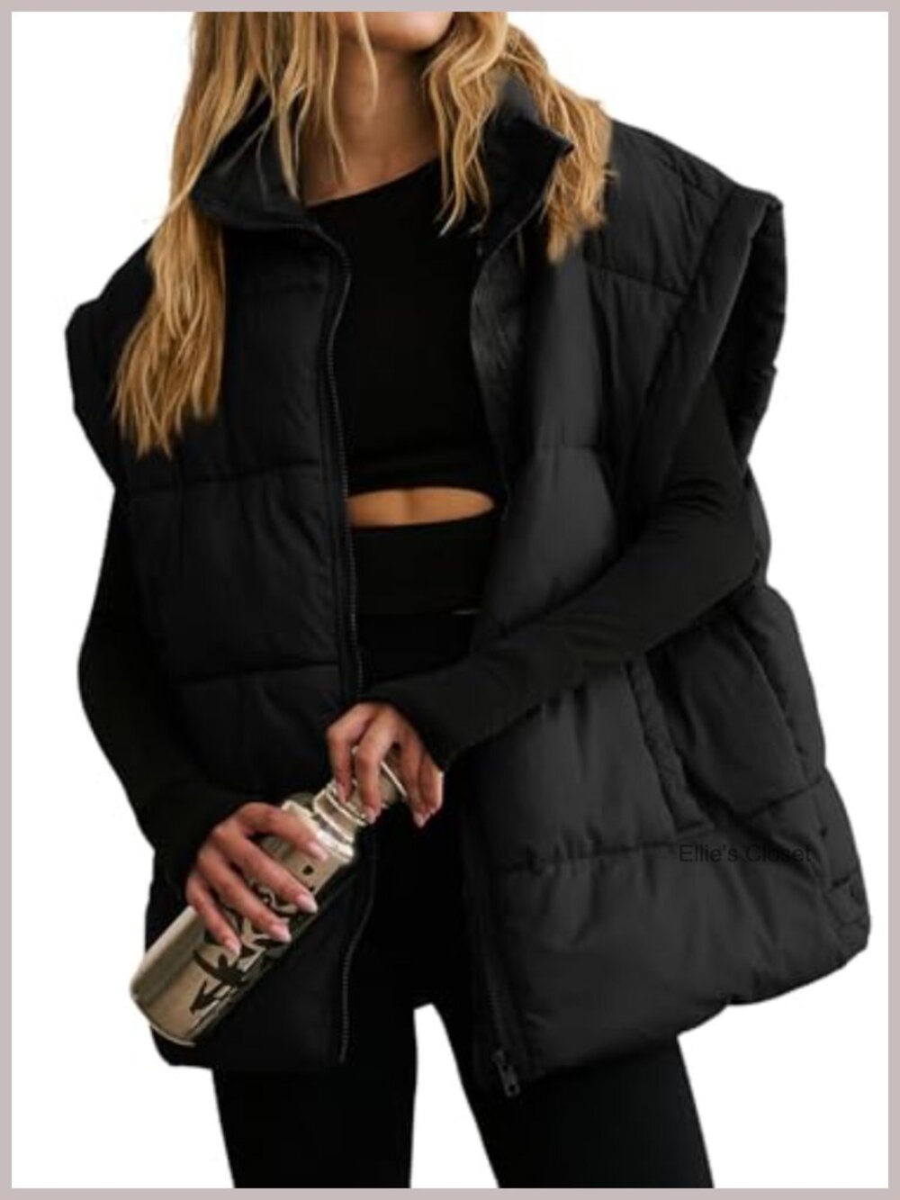 Women's Oversized Quilted Puffer Vest Stand Collar Sleeveless Zip Pockets